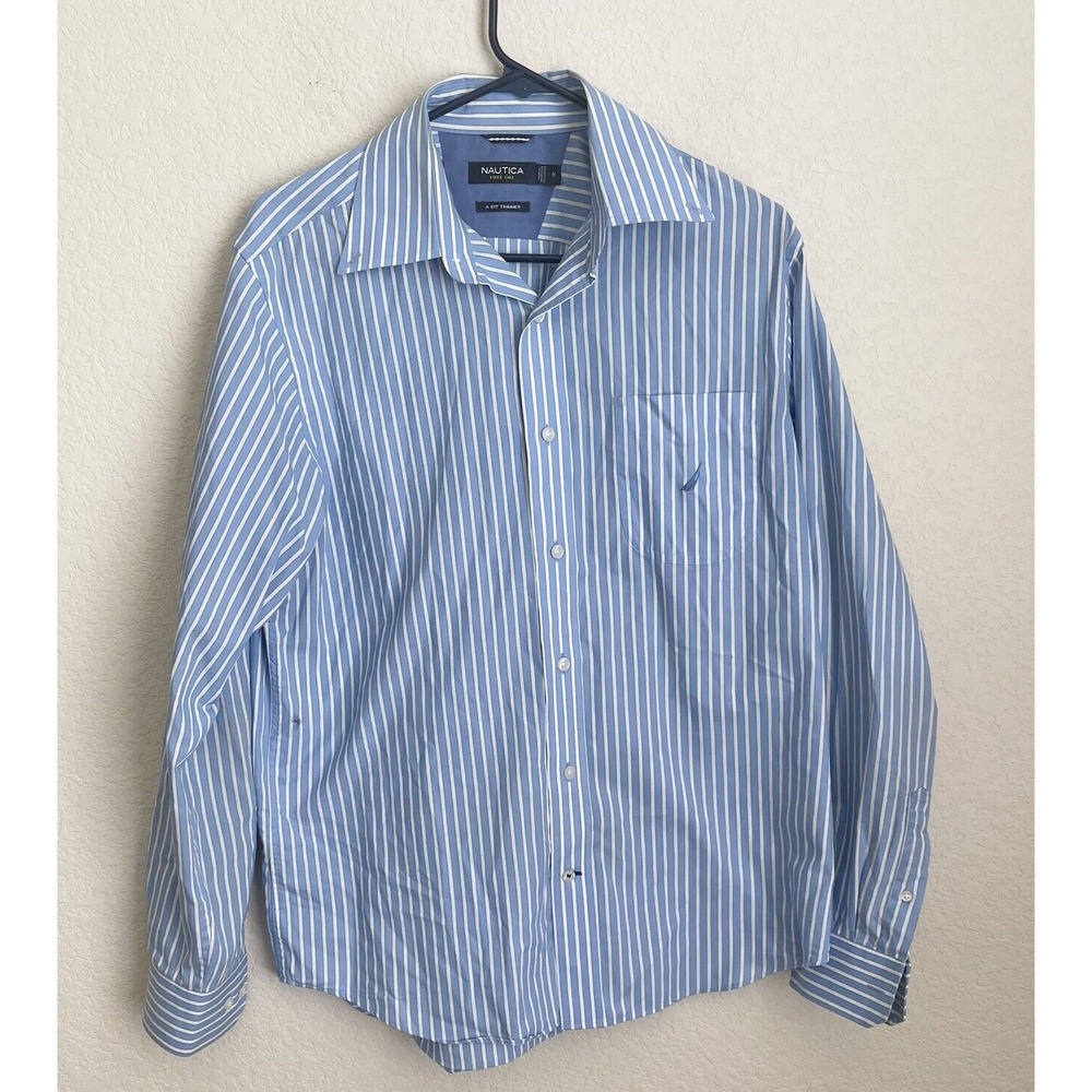 Nautica Shirt Mens Medium Blue Striped Button Up Cotton Long Sleeve Spring